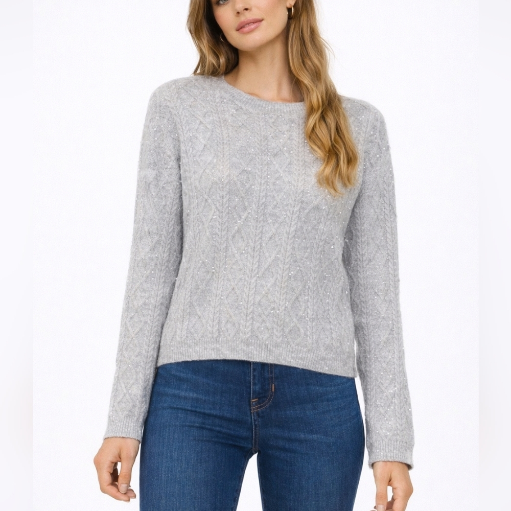 CeCe Sequin Cable Knit Sweater Womens S Gray Long Sleeve Sequins Top